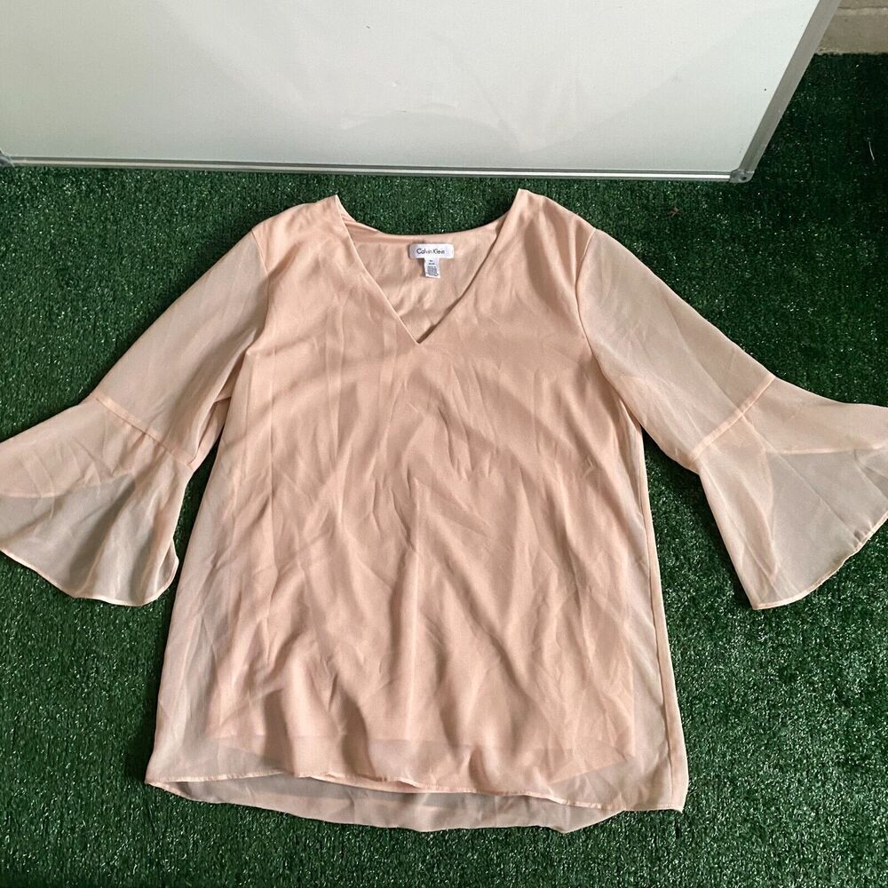 Calvin Klein Dusty Pink V-Neck Chiffon Long Bell Sleeve Top Blouse Sz Medium